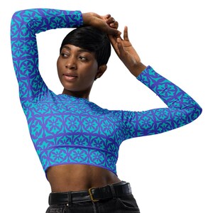 Recycled long-sleeve crop top | Slate Blue with Dark Turquoise Classic Flower Design | Sporty Crop Top | Active Wear | Swim and Sports Top