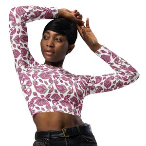 Recycled long-sleeve crop top | White with Deep Pink Paisley | Sporty Crop Top | Active Wear | Beachwear | Swim and Sports Top