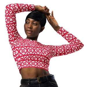 Recycled long-sleeve crop top | Crimson Red with White Classic Flower Design | Sporty Crop Top | Active Wear | Beachwear | Swim & Sports Top