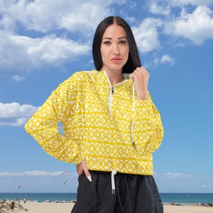 Women&#39;s Cropped Windbreaker | Gold Yellow with White Classic Flower Design | Lightweight | Hooded | Casual style | Outdoor Chic