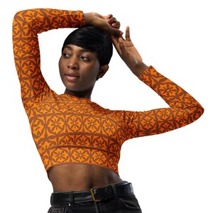 Recycled long-sleeve crop top | Sienna Brown with Orange Classic Flower Design | Sporty Crop Top | Active Wear | Beachwear | Swim Sport Top