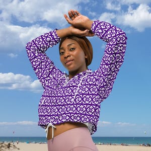 Women’s cropped windbreaker | Indigo with White Classic Flower Design | Lightweight | Hooded | Casual style | Outdoor Chic | Purple