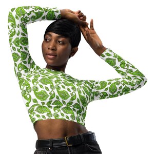 Recycled long-sleeve crop top | White with Yellow Green Paisley | Sporty Crop Top | Active Wear | Beachwear | Swim and Sports Top