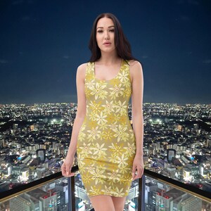Bodycon dress | Tan with Yellow Flower Design | Fitted Dress | Summer Dress | Party Dress | Elegant and Chic