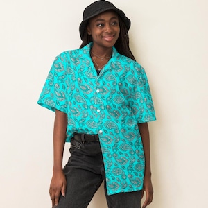 Unisex button shirt | Aqua with Turquoise and Aqua Paisley | Hawaiian Style Shirt | Flower Button Shirt | Vacation Button up