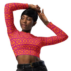 Recycled long-sleeve crop top | Violet Red with Orange Classic Flower Design | Sporty Crop Top | Active Wear | Beachwear | Swim & Sport Top