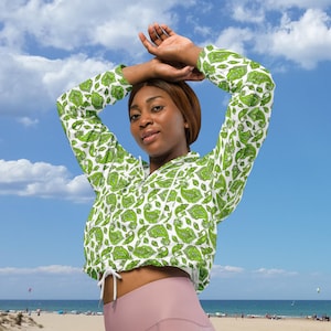 Women&#39;s Cropped Windbreaker | White with Yellow Green Paisley | Lightweight | Hooded | Casual style | Outdoor Chic
