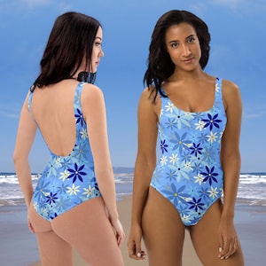 One-Piece Swimsuit | Blue with Blue Flower Design | Colourful Swimsuit | Cheeky fit | Swimwear| Beachwear | Bathing Suits