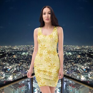 Bodycon dress | Pale Yellow with Yellow Flower Design | Fitted Dress | Summer Dress | Party Dress | Elegant and Chic