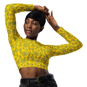 Recycled long-sleeve crop top | Gold Yellow with Lemon Yellow Paisley | Sporty Crop Top | Active Wear | Beachwear | Swim and Sports Top