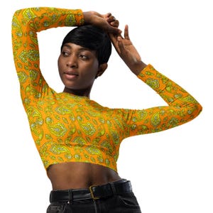 Recycled long-sleeve crop top | Orange with Lemon Yellow Paisley | Sporty Crop Top | Active Wear | Beachwear | Swim and Sports Top