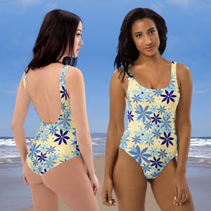 One-Piece Swimsuit | Light Yellow with Blue Flower Design | Colourful Swimsuit | Cheeky fit | Swimwear| Beachwear | Bathing Suits