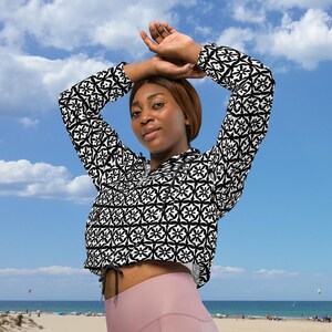 Women&#39;s Cropped Windbreaker | Black with White Classic Flower Design | Lightweight | Hooded | Casual style | Outdoor Chic