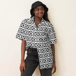 Unisex button shirt | Black with White Classic Flower Design | Hawaiian Style Shirt | Flower Button Shirt | Vacation Button up