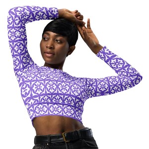 Recycled long-sleeve crop top | Purple with White Classic Flower Design | Sporty Crop Top | Active Wear | Beachwear | Swim and Sports Top