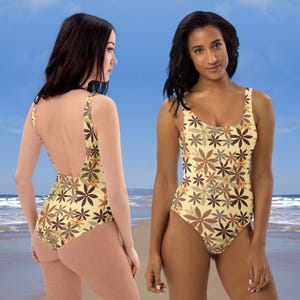 One-Piece Swimsuit | Light Yellow with Brown Flower Design | Colourful Swimsuit | Cheeky fit | Swimwear| Beachwear | Bathing Suits