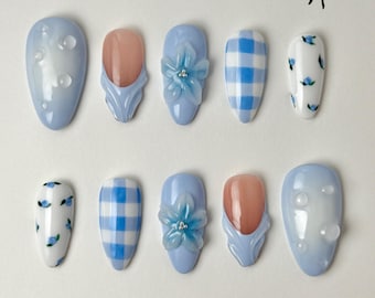 Blue Flower Press On Nails | Blue | Flower | Gingham | Handmade | Press On Nails | Reusable Gel Nails