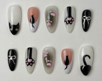 Black Cat Press On Nails | Black | Cat | 3D nails | Handmade | Press On Nails | Reusable Gel Nails