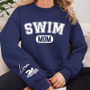 Swim Mom Sweatshirt, Personalized Swim Mom Shirt, Custom Mom Sweater, Sports Mom Tee, Customized Swim Mom Gift, Swim Mom With Sleeve Name