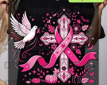 Pink Cross Dove Breast Cancer Awareness DTF Transfer Ready to Press Faith Heat Transfer Tee