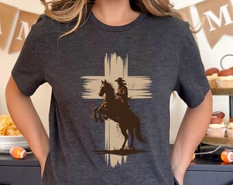 Cowboy Cross T Shirt Adult Youth Toddler Baby Western Graphic Tee Christian Horse Rider Silhouette Retro Rodeo Country Faith Religious Gift