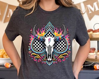 Bull Skull T Shirt Adult Youth Toddler Baby Western Graphic Tee Checkerboard Pink Flame Lightning Bolt Cow Skull Retro Rodeo Boho Country Gi
