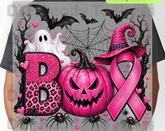 Boo Breast Cancer Awareness Pink Pumpkin Witch Hat DTF Transfer Ready to Press Spooky Heat Transfer Tee