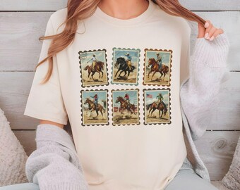 Vintage Cowboy Stamp T Shirt Adult Youth Toddler Baby Western Graphic Tee Retro Rodeo Postage Stamp Aesthetic Country Horse Rider Desert Gif