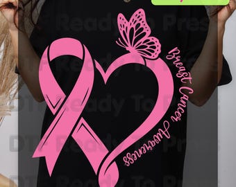 Breast Cancer Awareness Pink Heart Ribbon Butterfly DTF Transfer Ready to Press Heat Transfer Survivor Tee