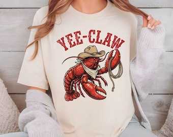 Yee-Claw T Shirt Adult Youth Toddler Baby Lobster Cowboy Western Graphic Tee Funny Sea Creature Retro Rodeo Lasso Southern Humor Coastal Gif