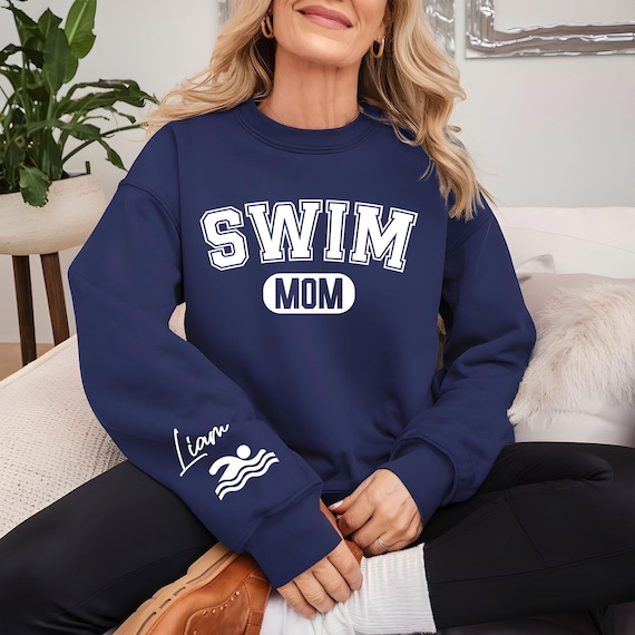 Swim Mom Sweatshirt, Personalized Swim Mom Shirt, Custom Mom Sweater, Sports Mom Tee, Customized Swim Mom Gift, Swim Mom With Sleeve Name