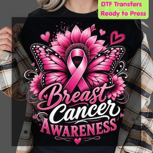 Breast Cancer Awareness Pink Butterfly Sunflower DTF Transfer Ready to Press Heat Transfer Tees