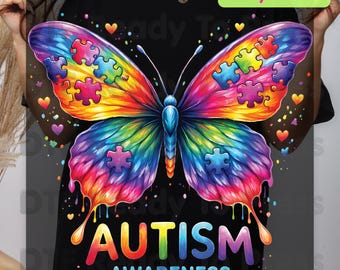 Autism Awareness DTF Transfer Ready to Press Rainbow Butterfly Puzzle Pieces Heat Transfer Tee Print Direct to Film Transfer