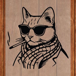 May include: Black and white illustration of a cat wearing sunglasses and a scarf, smoking a cigarette. The cat's face is detailed, with a cool and relaxed expression. The image is set against a wooden background.