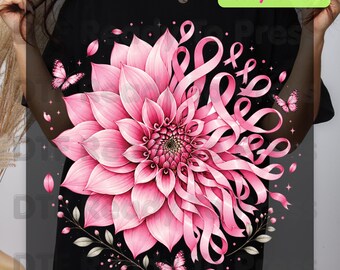Pink Dahlia Butterfly Ribbon Breast Cancer Awareness DTF Transfer Ready to Press Heat Transfer Tee