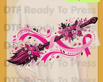 Pink Witch Broom Pumpkin Ribbon Breast Cancer Awareness DTF Transfer Ready to Press Heat Transfer Tee