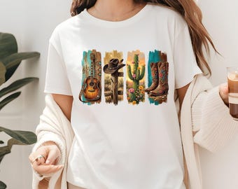 Western Aesthetic T Shirt Adult Youth Toddler Baby Acoustic Guitar Cowboy Hat Cactus Floral Boots Graphic Tee Country Music Retro Rodeo Gift