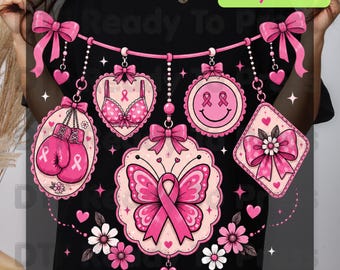 Pink Ribbon Breast Cancer Awareness Charms DTF Transfer Ready to Press Heat Transfer Butterfly Bow Tee