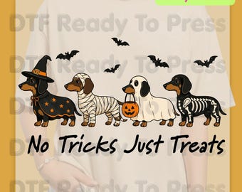 Halloween Dachshund DTF Transfer Ready to Press No Tricks Just Treats Heat Transfer For Shirts Skeleton Ghost Mummy Wiener Dog Spooky Print