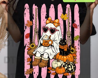 Halloween Ghost DTF Transfer Ready to Press Pink Cute Ghost Swing Heat Transfer For Shirts Spooky Vibes Pumpkin Spice Black Cat Autumn
