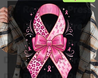 Leopard Pink Ribbon Bow Breast Cancer Awareness DTF Transfer Ready to Press Heat Transfer Tee