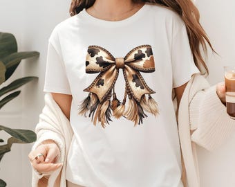 Cow Print Bow T Shirt Adult Youth Toddler Baby Western Graphic Tee Leather Coquette Aesthetic Country Girl Retro Rodeo Feather Tassel Gift