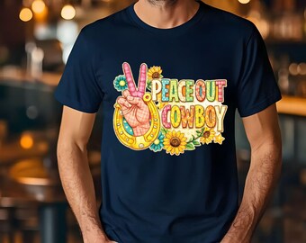 Peace Out Cowboy T Shirt Adult Youth Toddler Baby Western Graphic Tee Horseshoe Sunflower Peace Sign Retro Boho Country Aesthetic Rodeo Gift