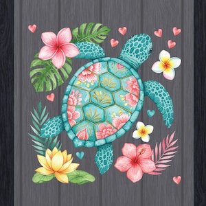May include: A teal sea turtle illustration with a floral design on its shell, surrounded by pink and yellow flowers, green leaves, and small pink hearts. The turtle has a detailed, patterned shell.