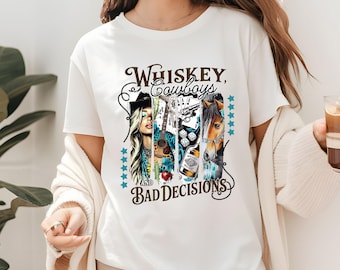 Whiskey Cowboys and Bad Decisions T Shirt Adult Youth Toddler Baby Western Graphic Tee Country Girl Aesthetic Retro Rodeo Horse Cactus Gift