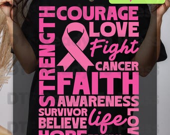Courage Love Faith Breast Cancer Awareness DTF Transfer Ready to Press Heat Transfer Pink Ribbon Words Tee