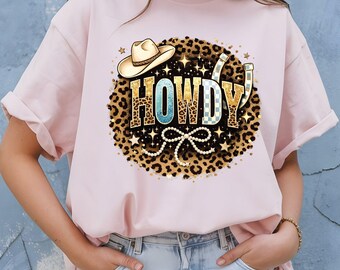 Howdy T Shirt Adult Youth Toddler Baby Leopard Cheetah Print Western Graphic Tee Cowboy Hat Pearl Bow Retro Rodeo Country Girl Aesthetic Gif