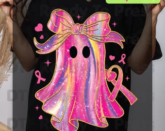 Glitter Pink Ghost Breast Cancer Awareness DTF Transfer Ready to Press Heat Transfer Bow Tee