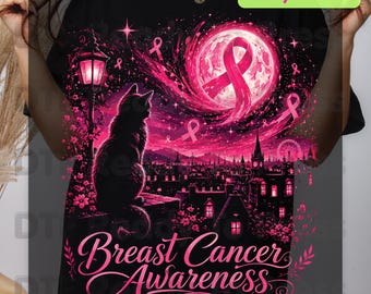 Pink Cat Moon Breast Cancer Awareness DTF Transfer Ready to Press Heat Transfer Tee