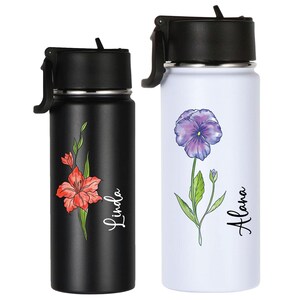 Personalized Birth Flower Water Bottle, Custom Name Birth Flower Stainless Steel Water Bottle, Sports Bottles, Bridesmaid Water Bottle